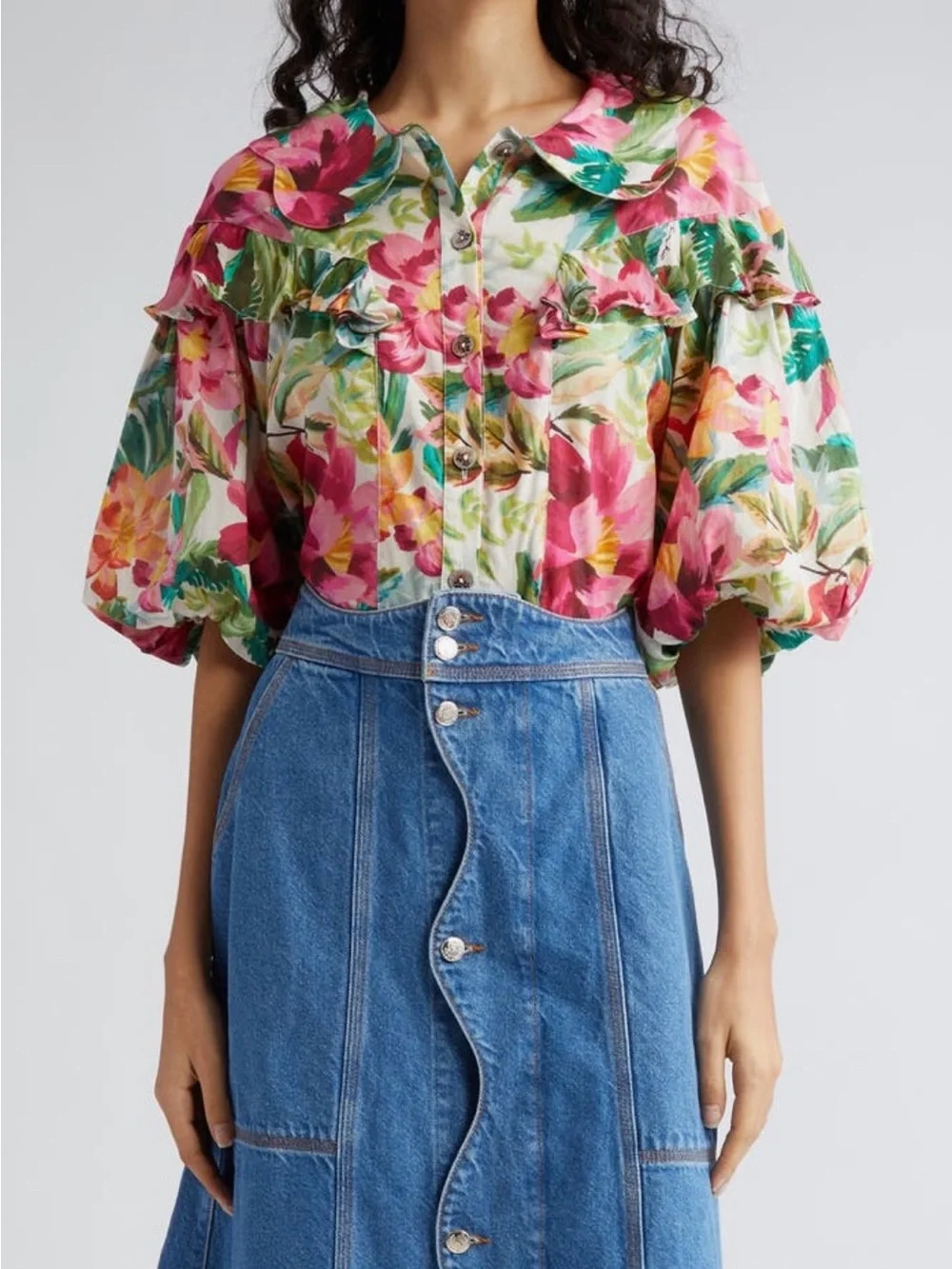 FARM Rio Pink & Green Floral Puff-Sleeve Blouse, size XL